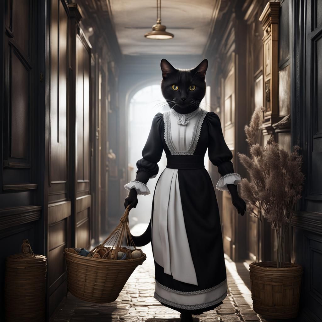 Humanoid Cat Maidservant with Laundry, Detailed Digital Art