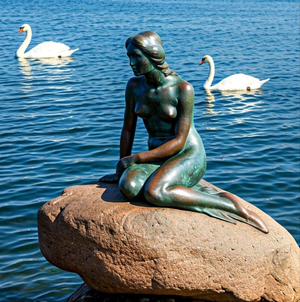 Realistic Little Mermaid Statue in Copenhagen with Swans