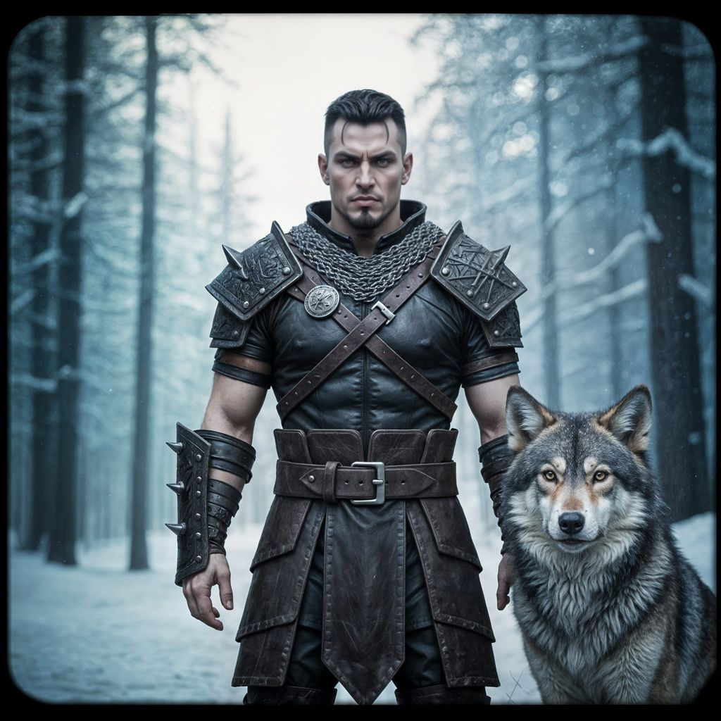Epic Male Barbarian Warchief with Wolf in Winter Forest