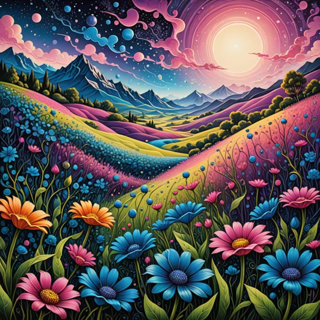 Electric Dreamscape: Vibrant Wildflowers in Surreal Bloom