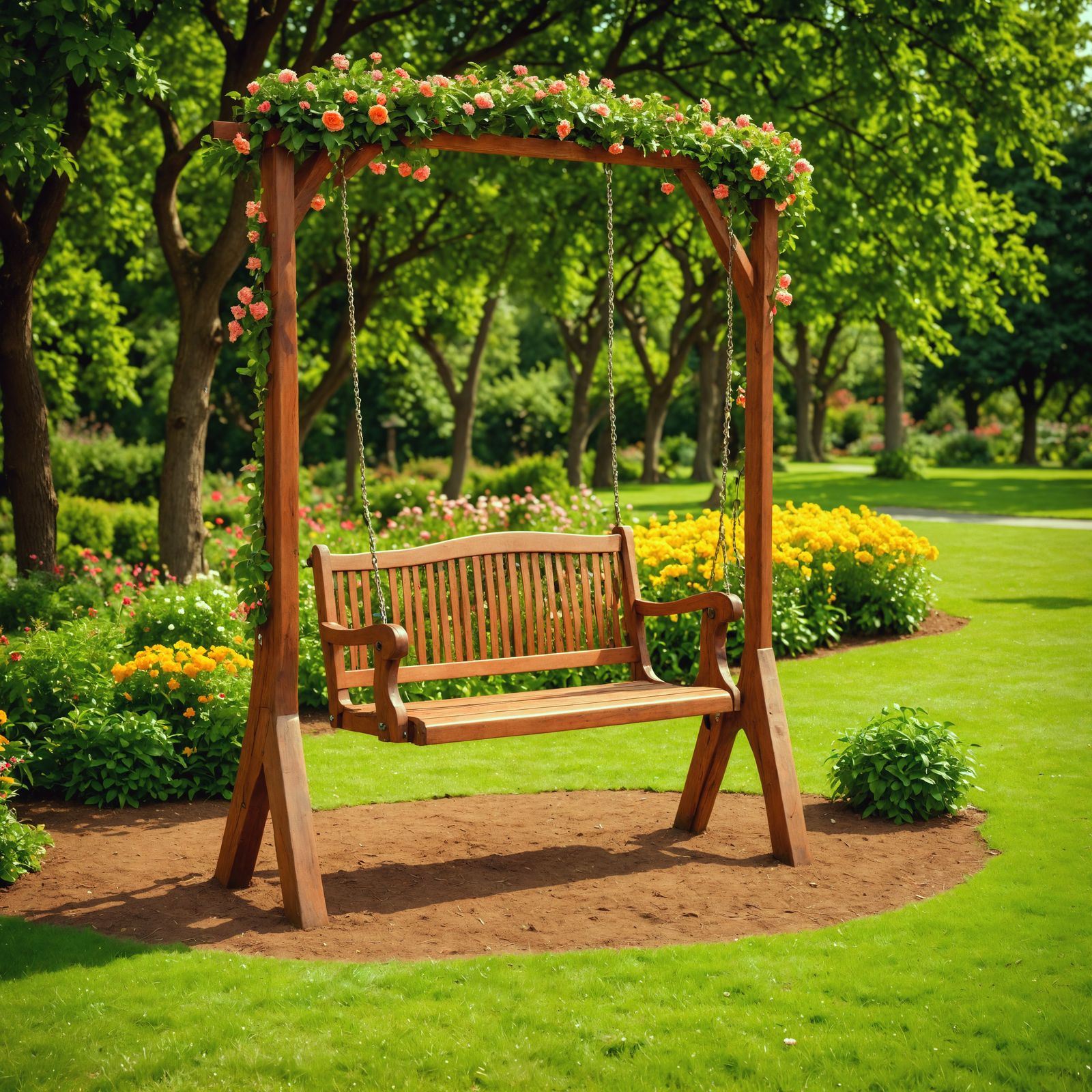 Hyperrealistic Wooden Swing in a Lush Garden