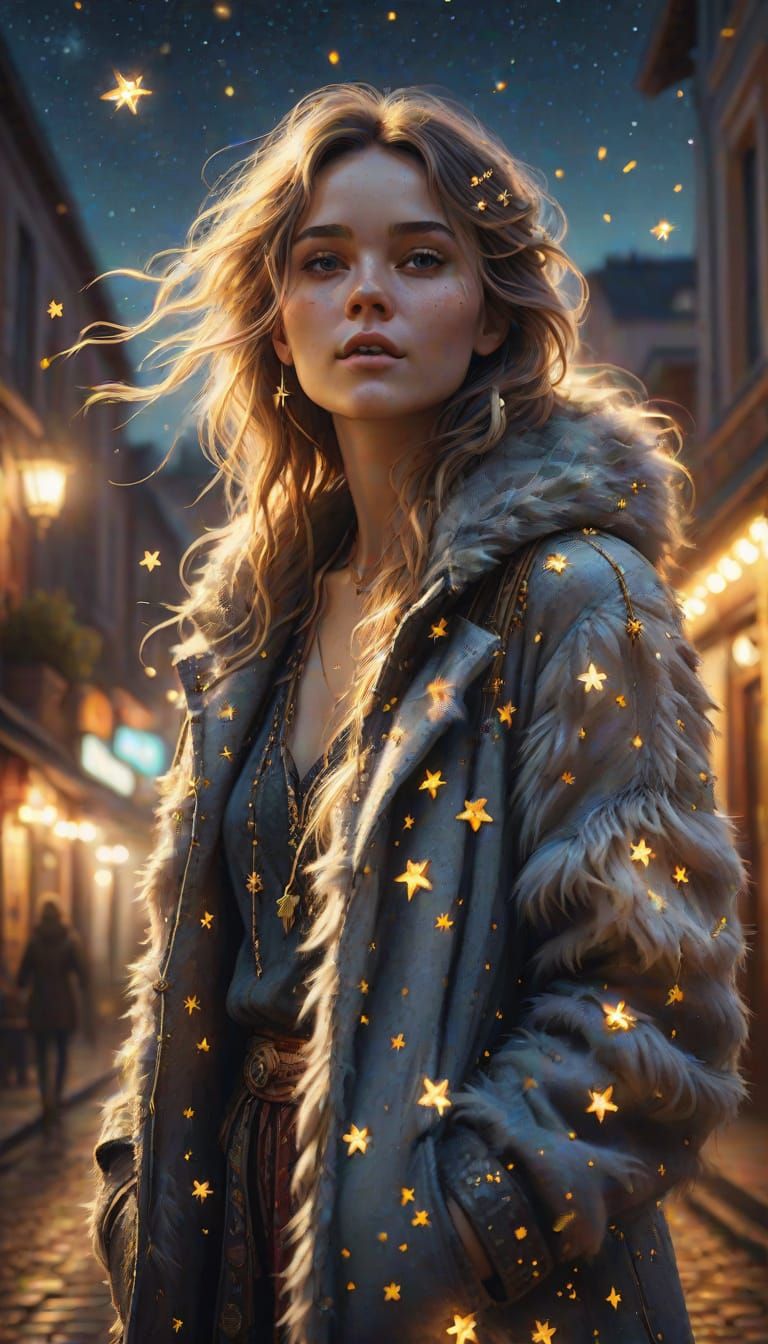 Whimsical Bohemian Girl Releasing Golden Stars in a Magical ...