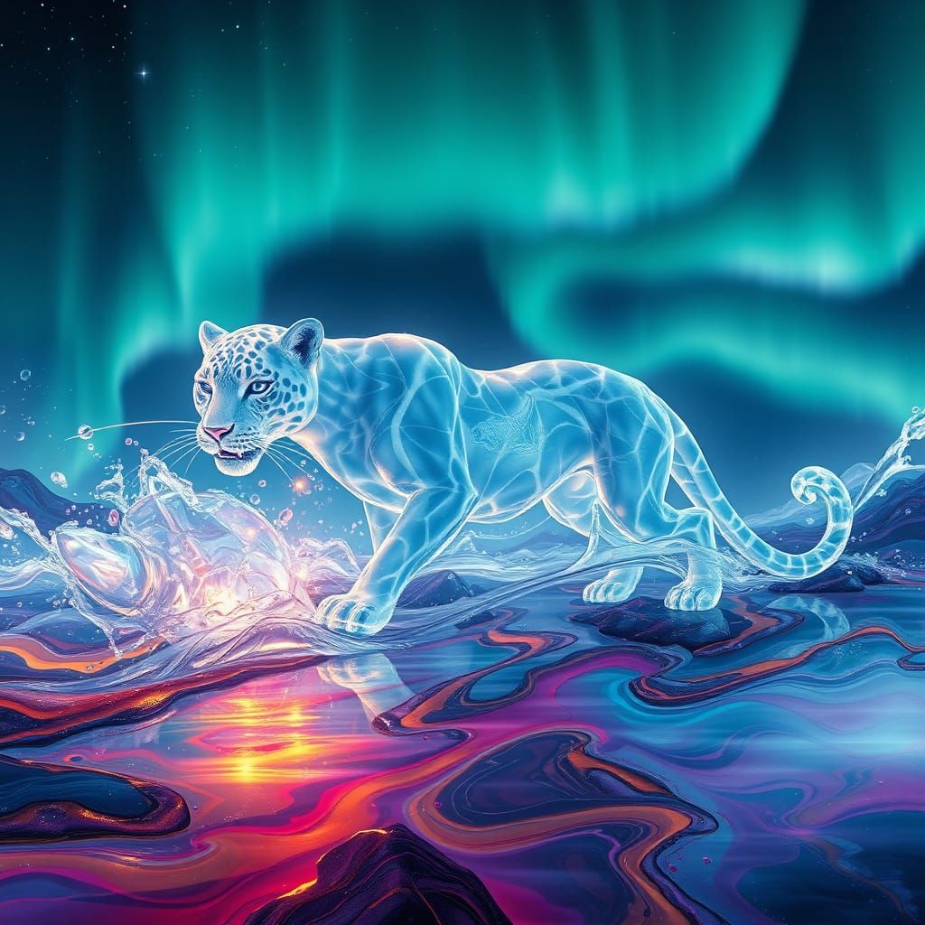 Translucent Water Jaguar Under Northern Lights