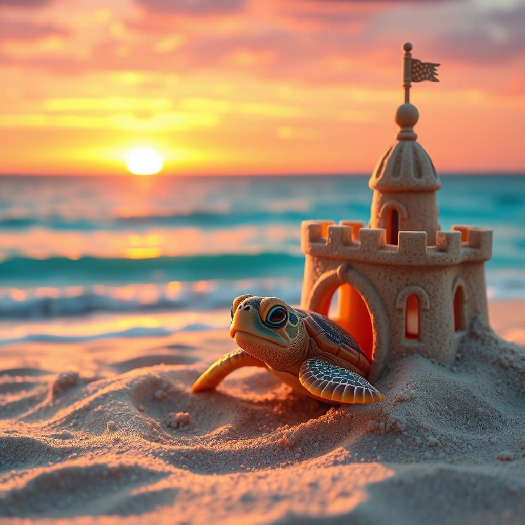 Surreal Sunset Beach Scene with Baby Sea Turtle
