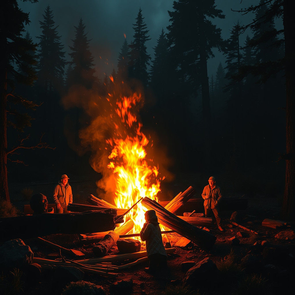 Campfire's Golden Light in Forest, as Landscape Realism