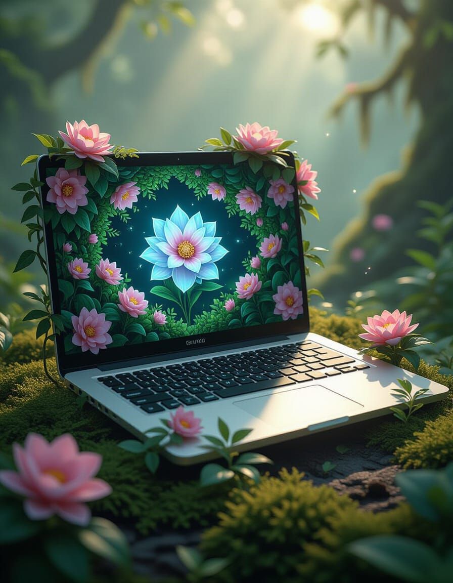 Laptop with Digital Vines and Flowers, Futuristic Nature Fus...