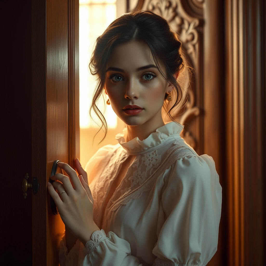 Introspective Woman Before Bedroom Door, Fantastical Realism