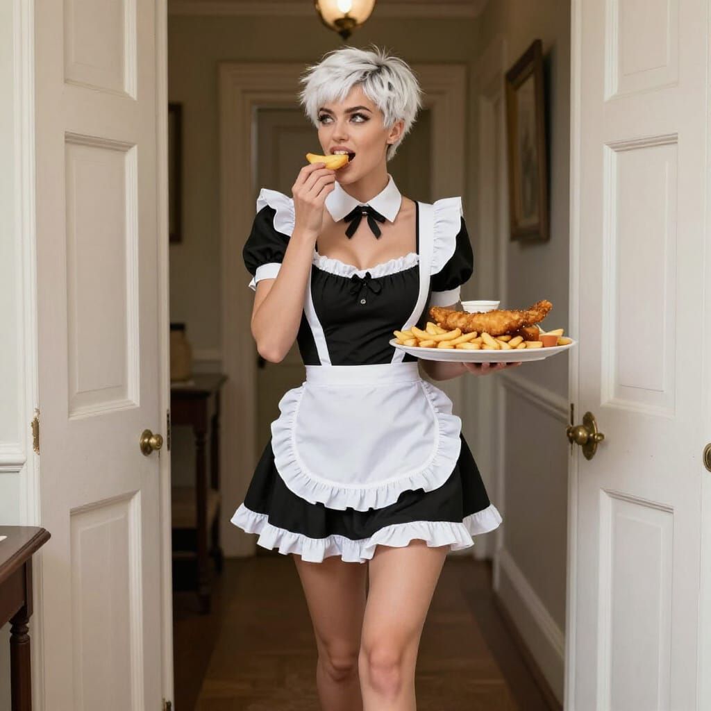 Maid Serving Fish & Chips in Old English Mansion