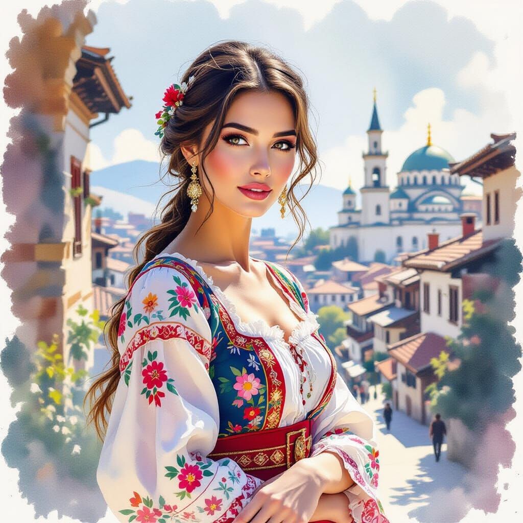 Bulgarian Woman in Traditional Attire, Ink Painting Style