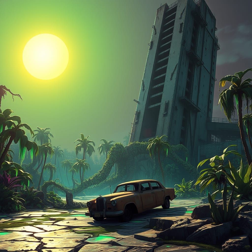 Decaying Futuristic Skyscraper in Neon Swamp Jungle