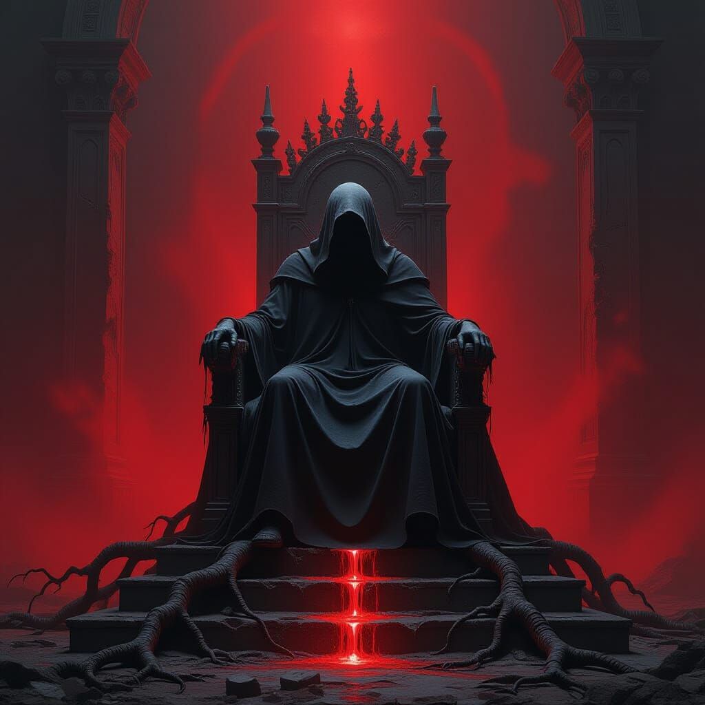 Dark Figure on Crumbling Throne in Crimson Abyss