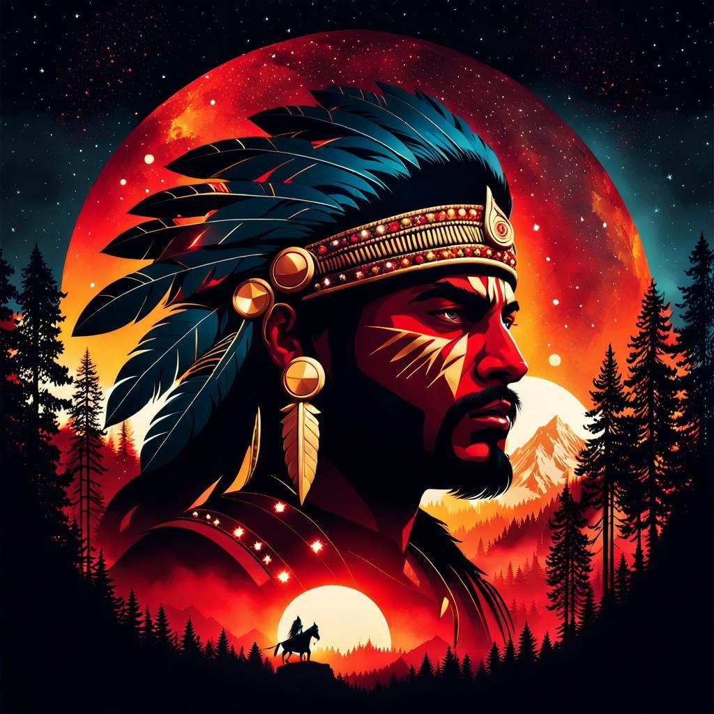 Double Exposure of an Indian Warrior at Sunrise