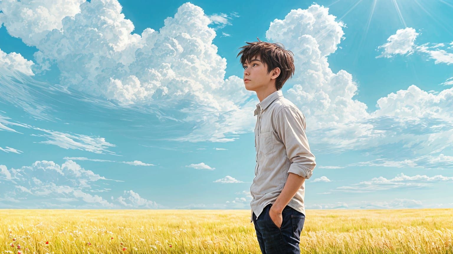 Anime Style Man Gazing at Sky in Field