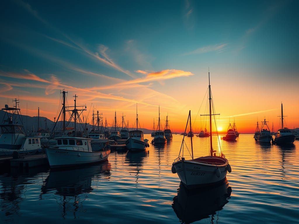 Tranquil Harbor at Sunrise: Fishing Boats in Watercolor