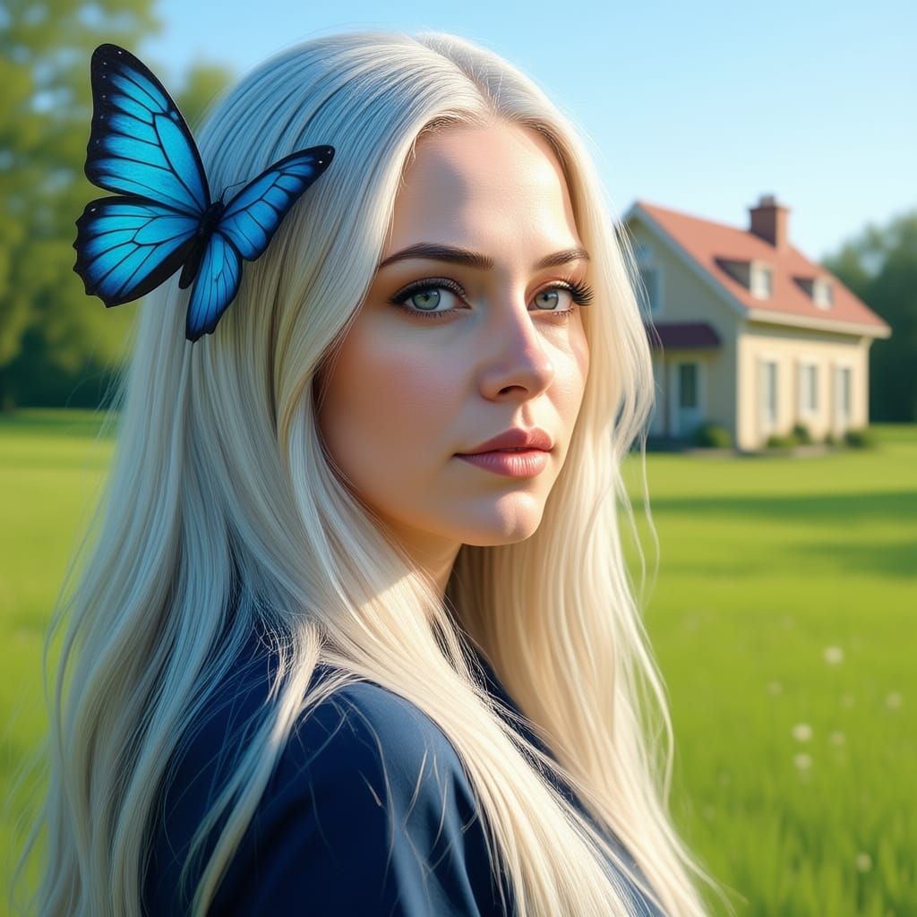 Photorealistic Woman with Prismatic Eyes in Serene Landscape...