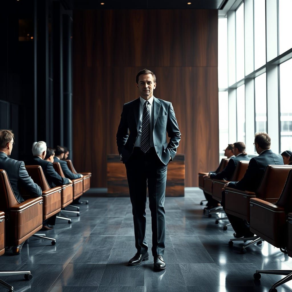 Corporate Executives Gather Around a Dark Wood Chopping Bloc...