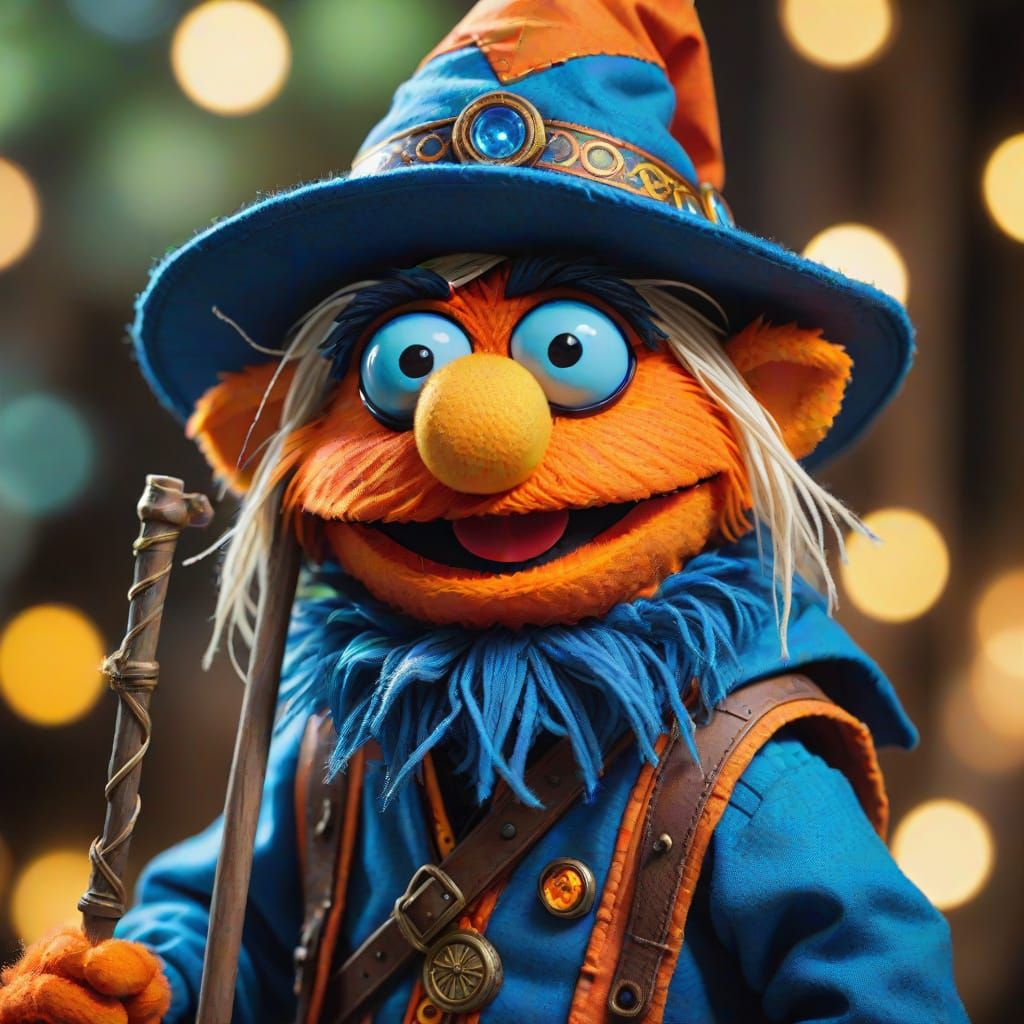 Muppet Cosplay Wizard in Vibrant Patches and Orange Hat