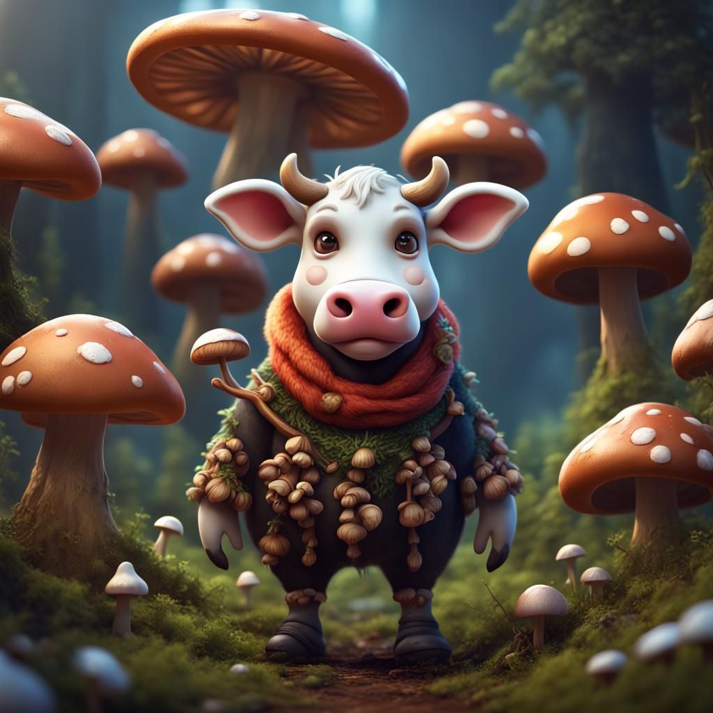 Mushroom-Adorned Cow Person: Fantasy Concept Art
