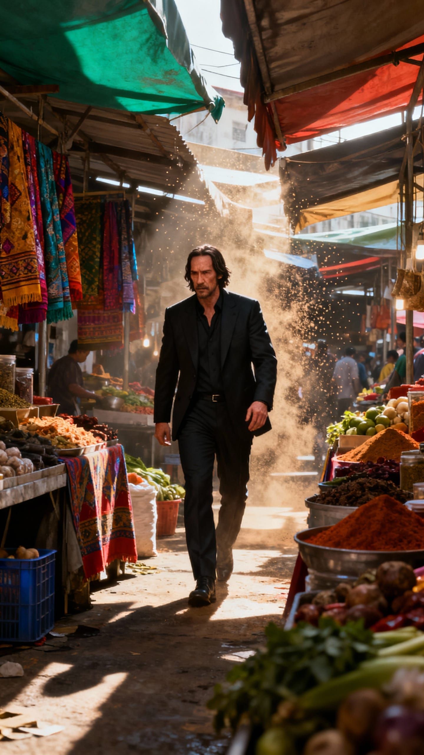 John Wick in Vibrant Malaysian Market, Hyperrealistic Digita...
