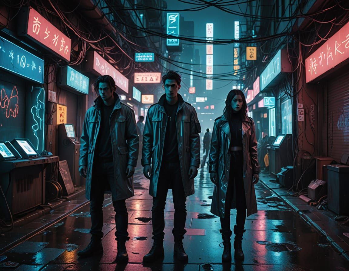 Menacing Cyborgs in Neon Dystopian Alleyway
