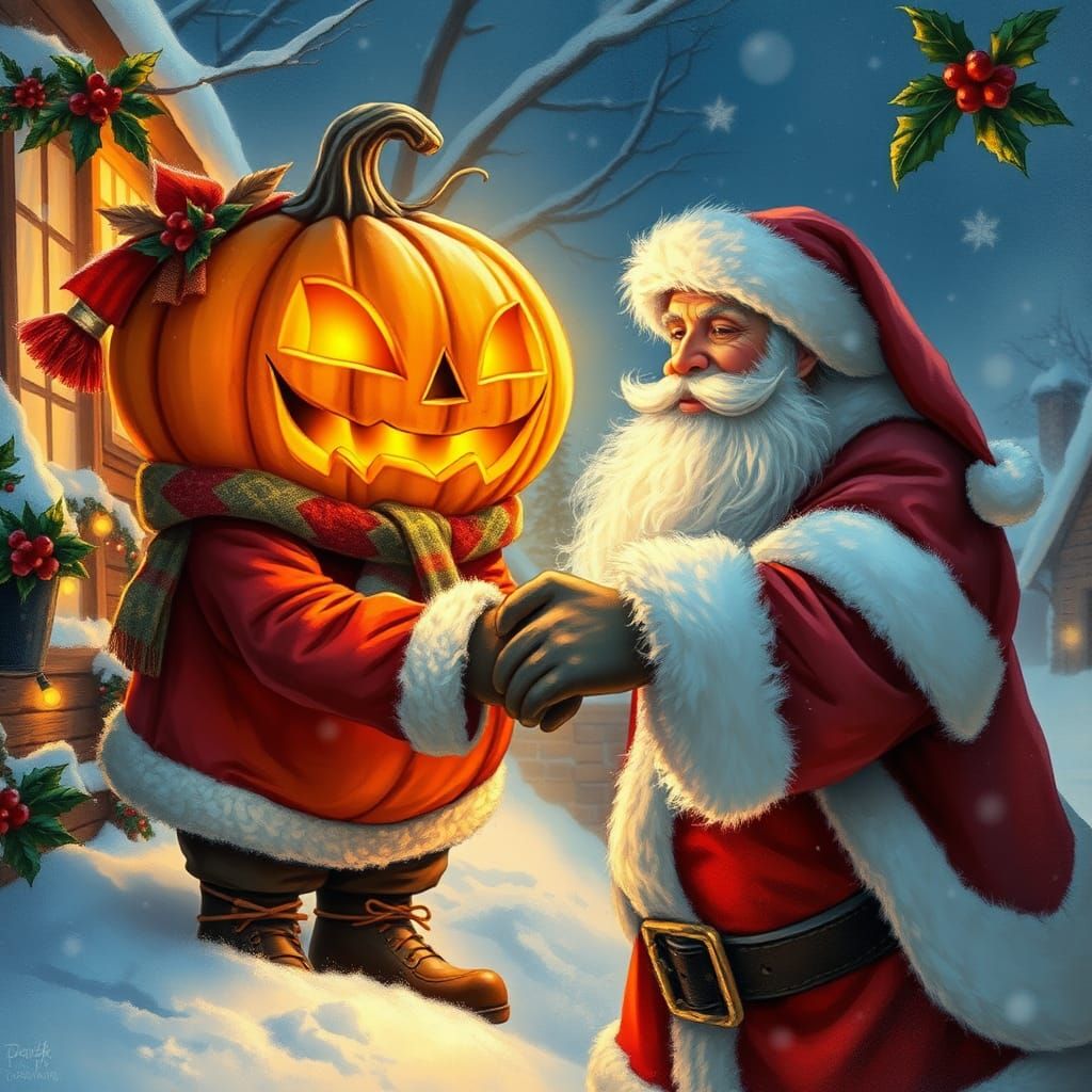 Jack O'Lantern and Santa Claus in Arthur Rackham Style