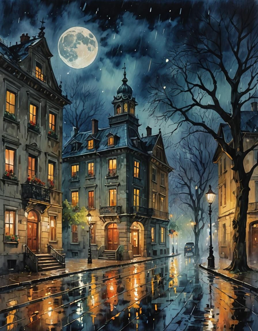 Rainy Night: Old Buildings in Gouache Impressionism