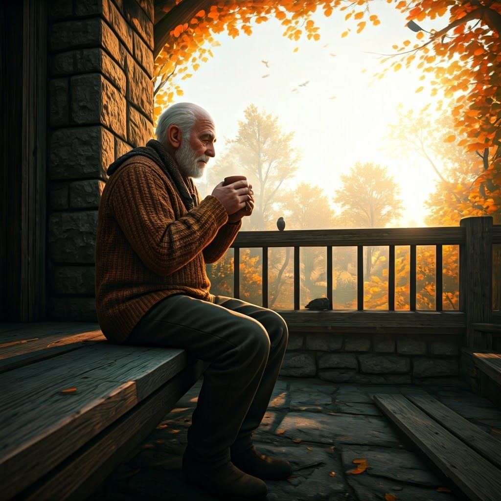 Serene Elderly Man on Rustic Terrace, Detailed Matte Paintin...