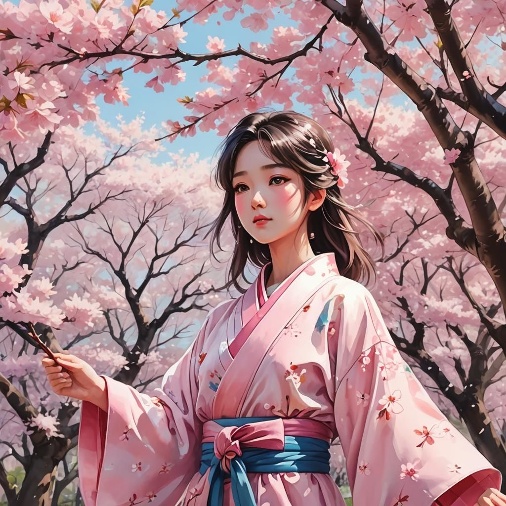 Girl in Kimono Under Sakura Trees, Watercolor Anime