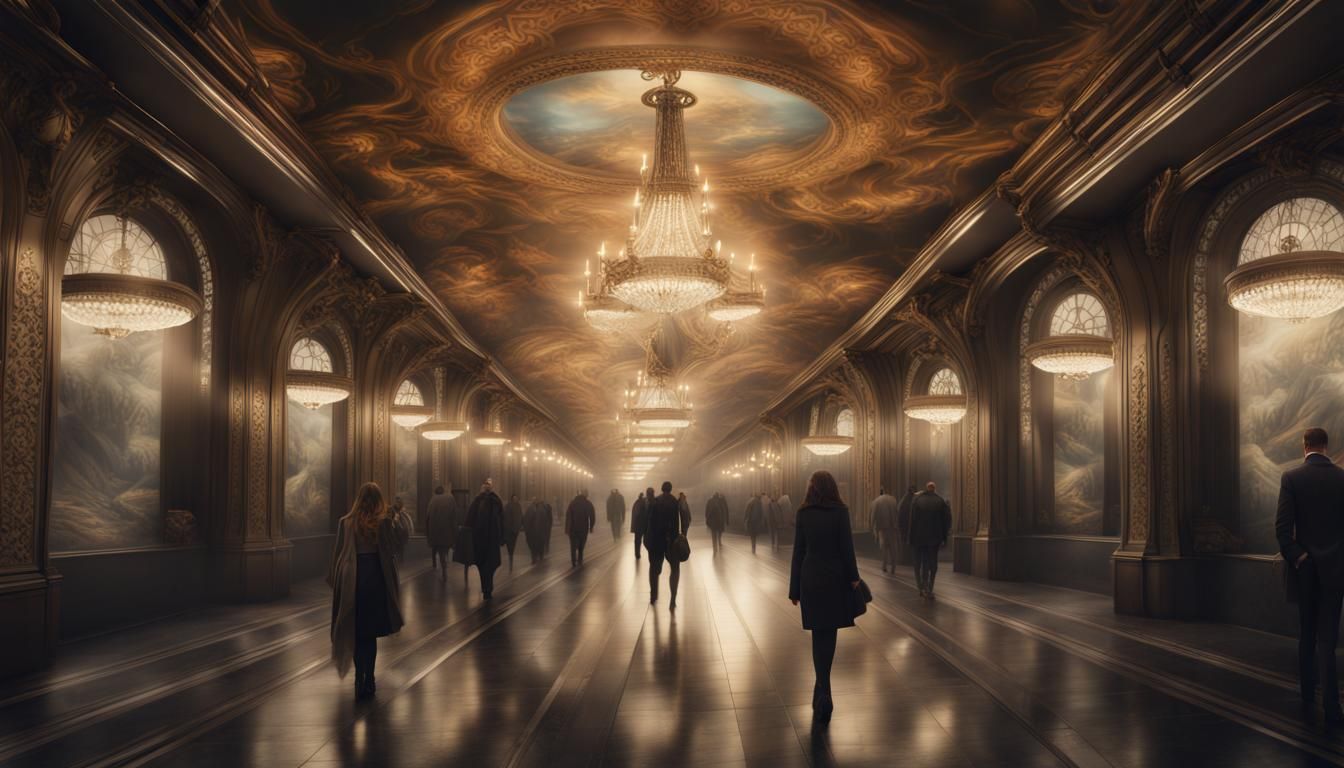 Elegant Metro Station with Chandeliers: Digital Painting