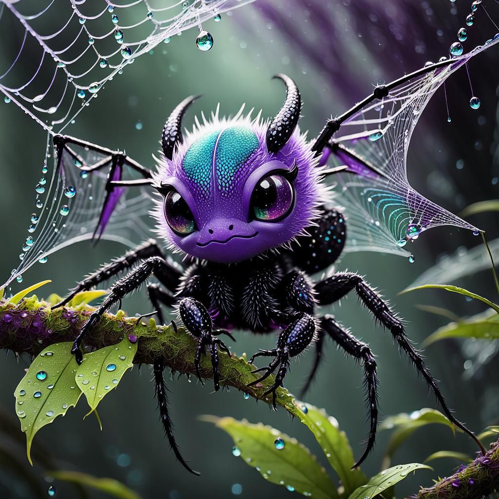 Cute Chibi Dragon on Spider Web in Forest