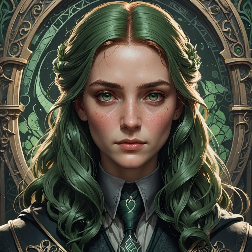 Red-Haired Portrait in Slytherin Colors, Detailed Art