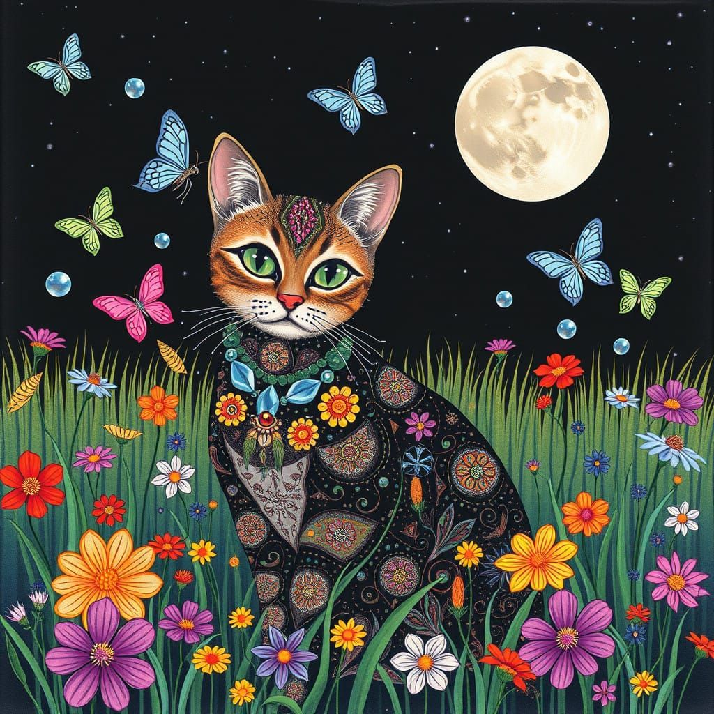 Whimsical Tabby Cat in a Field of Blooming Wildflowers