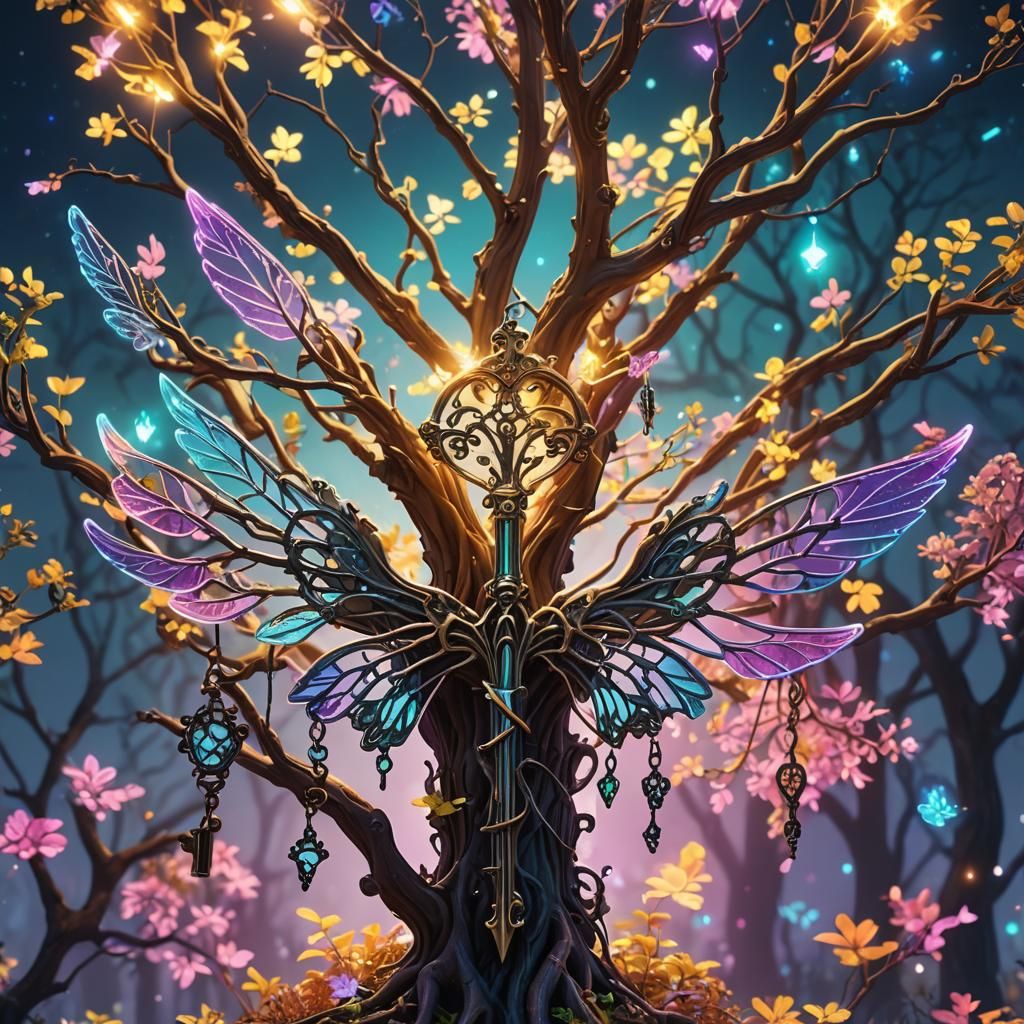 Neon Pastel Magic Tree with Fairy Keys