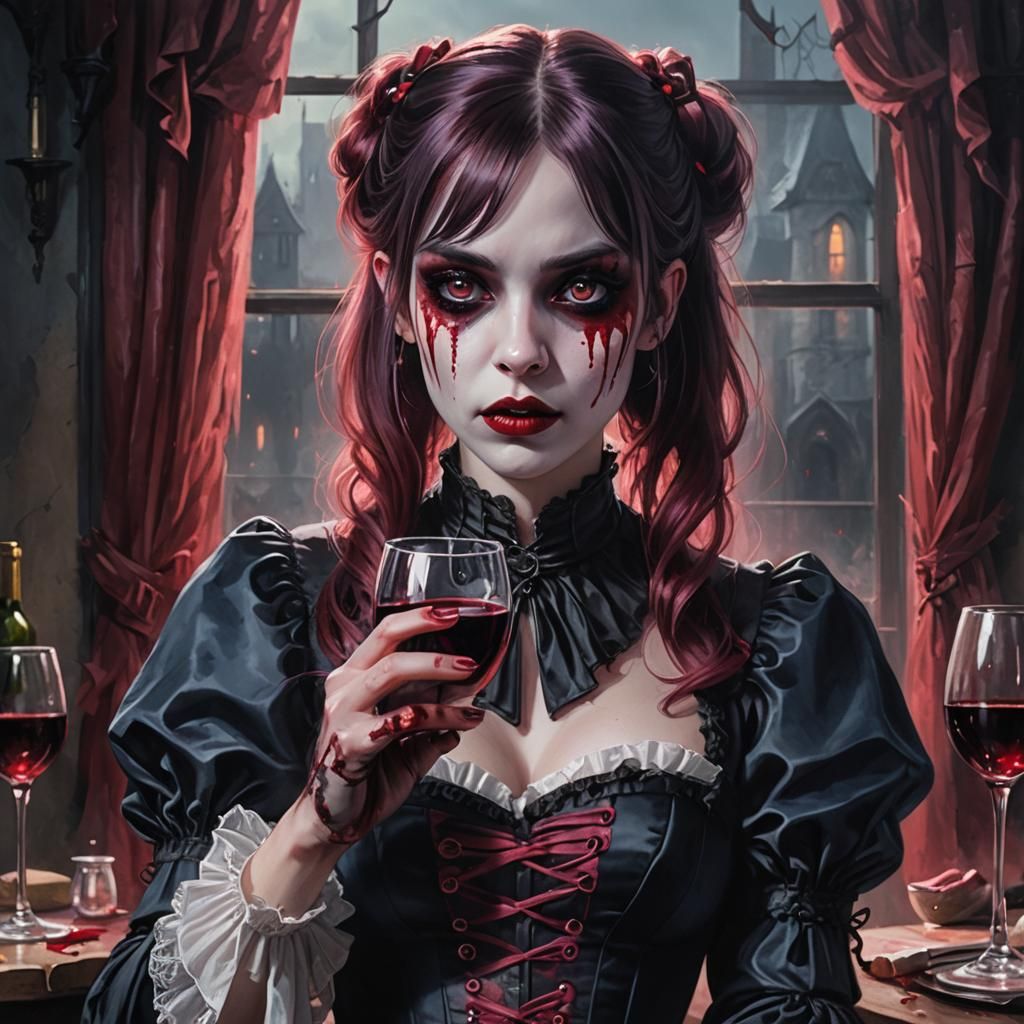 Gothic Vampire Girl with Floating Wine Glass