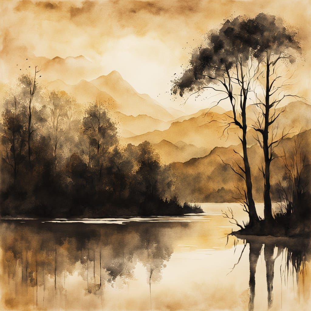 Steampunk Twilight Lakeside Scene in Ink Painting