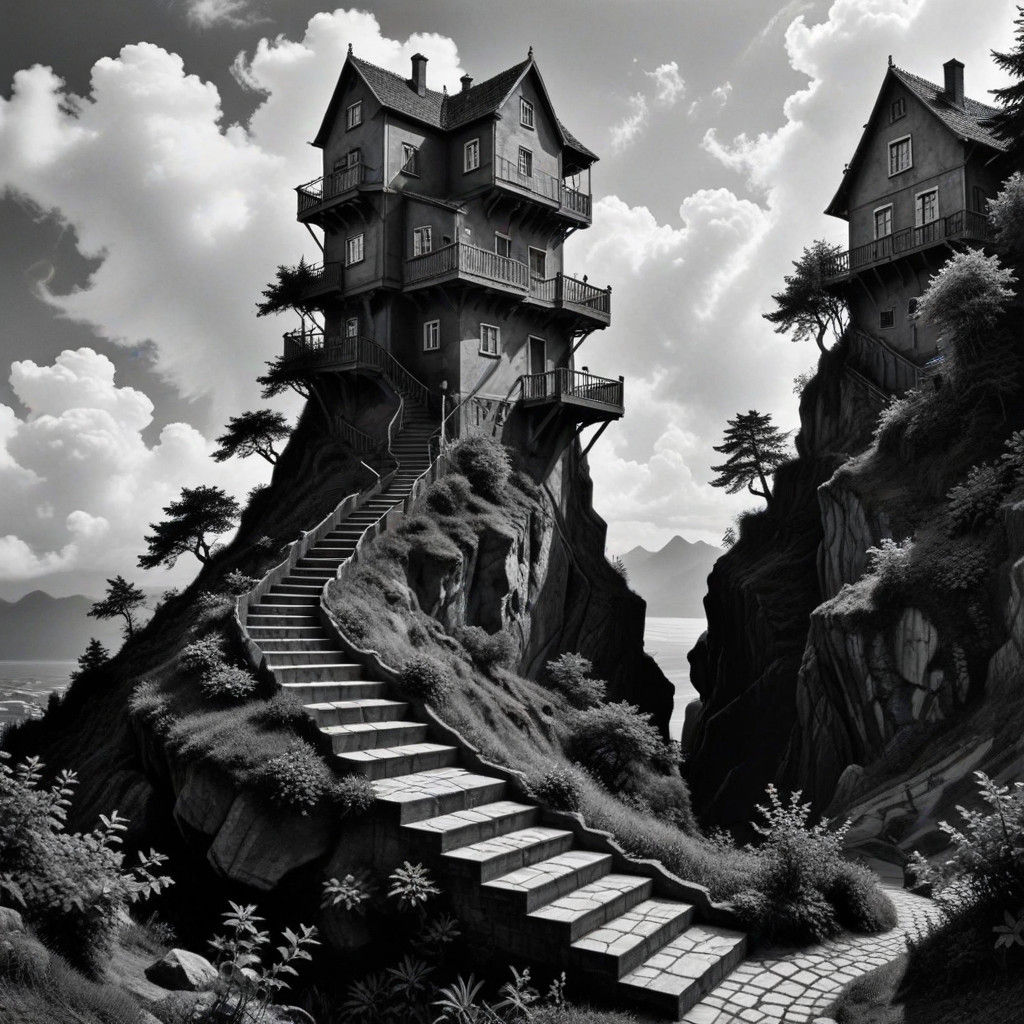 Surreal Escher-Inspired Landscape with Staircases