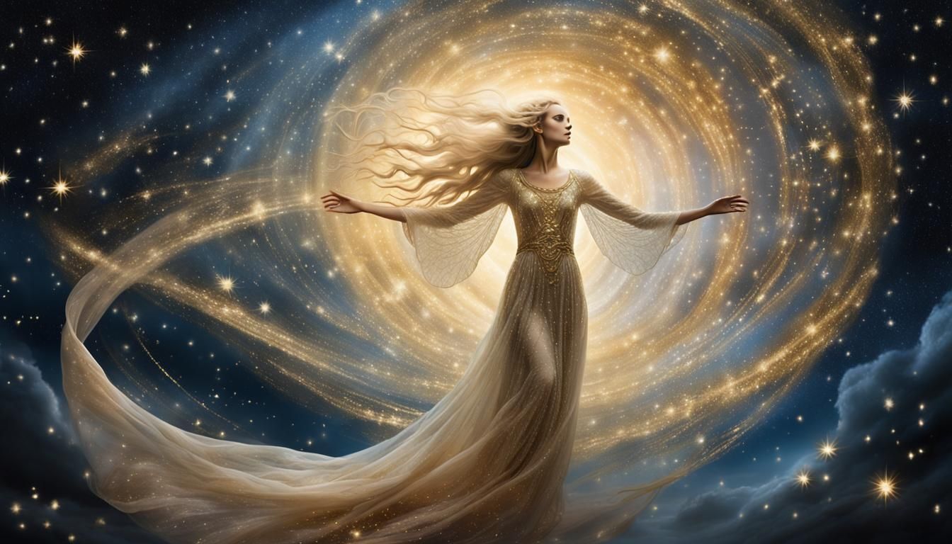 Angelic Figure Emerges from Starry Portal in Art Nouveau Sty...