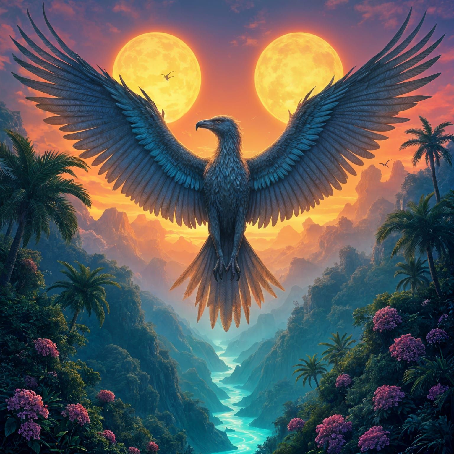 Griffin Soaring Above Bioluminescent Alien Jungle