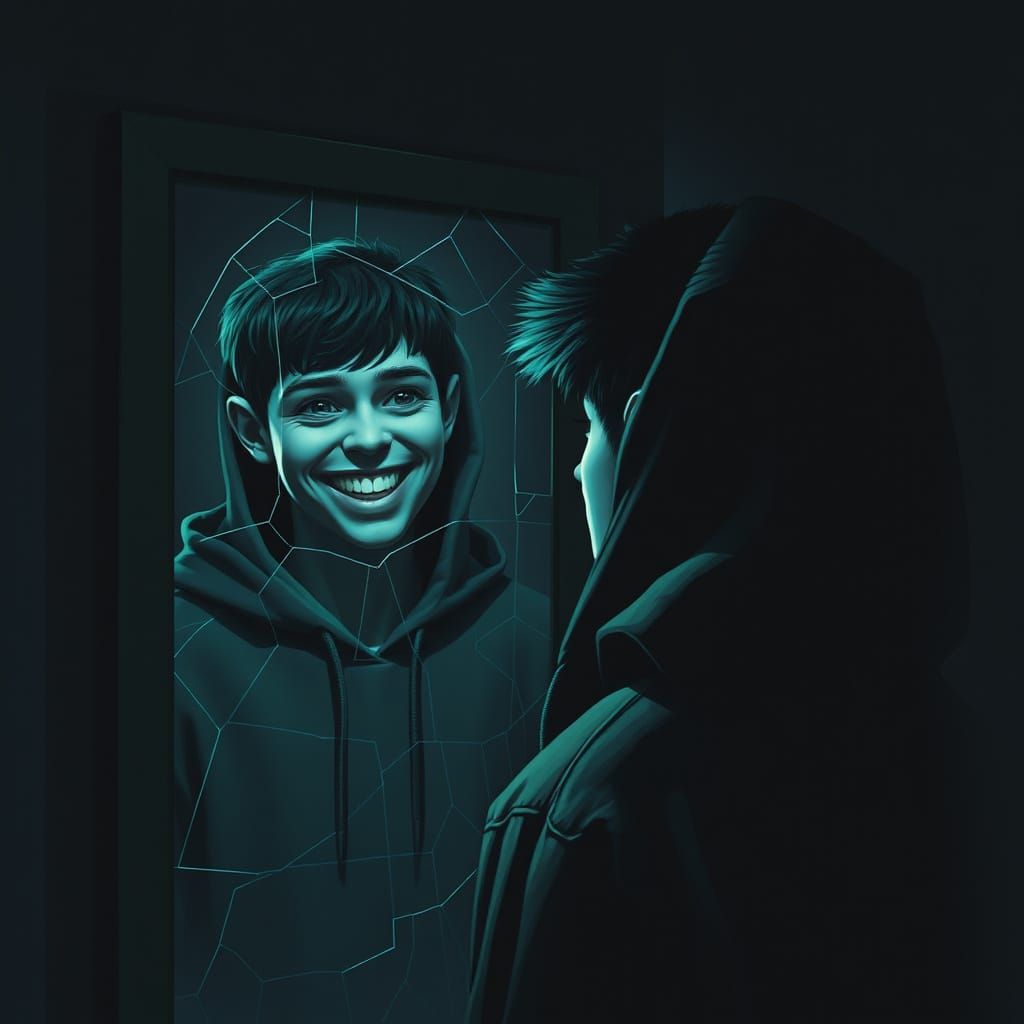 Creepy Teenager Mirror Reflection in Surreal Horror Style