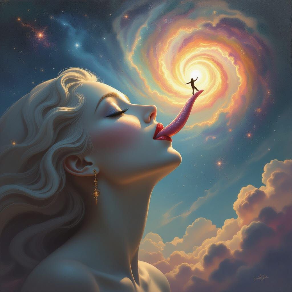 Colossal Goddess and Tiny Figure in Cosmic Surrealist Painti...