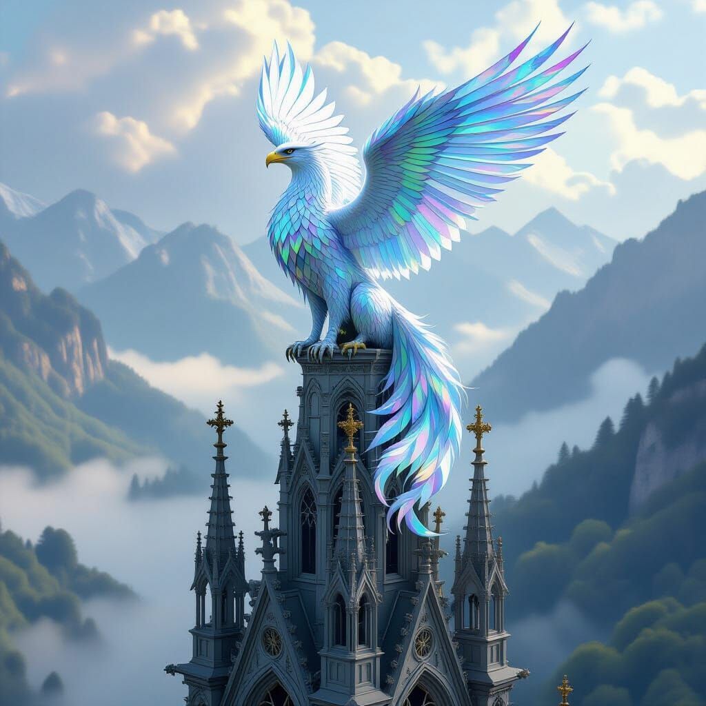 Griffin Overlooking Misty Valley, Art Nouveau Style