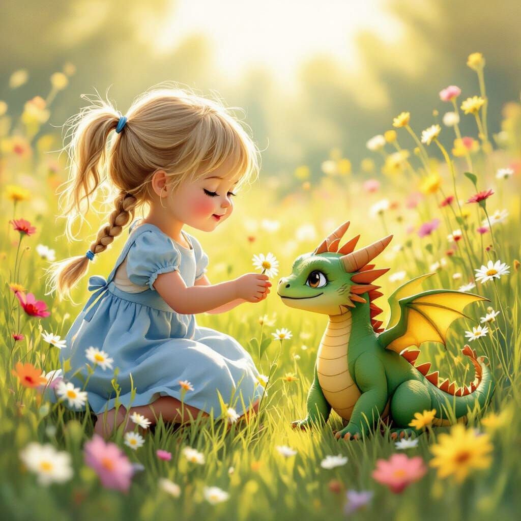 Girl and Dragon Play in Wildflower Meadow