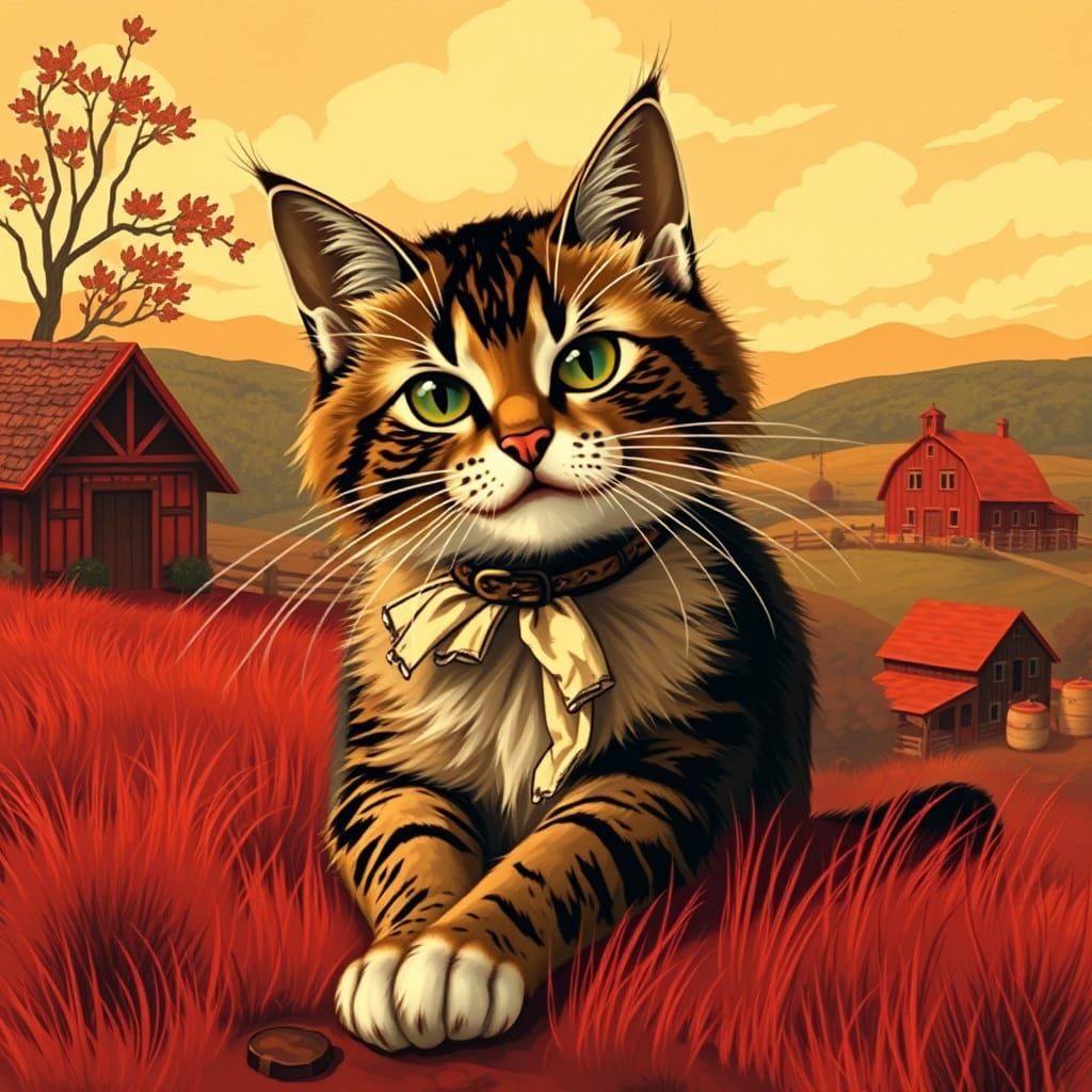 Whimsical Feral Cat Caricature in Art Nouveau Style