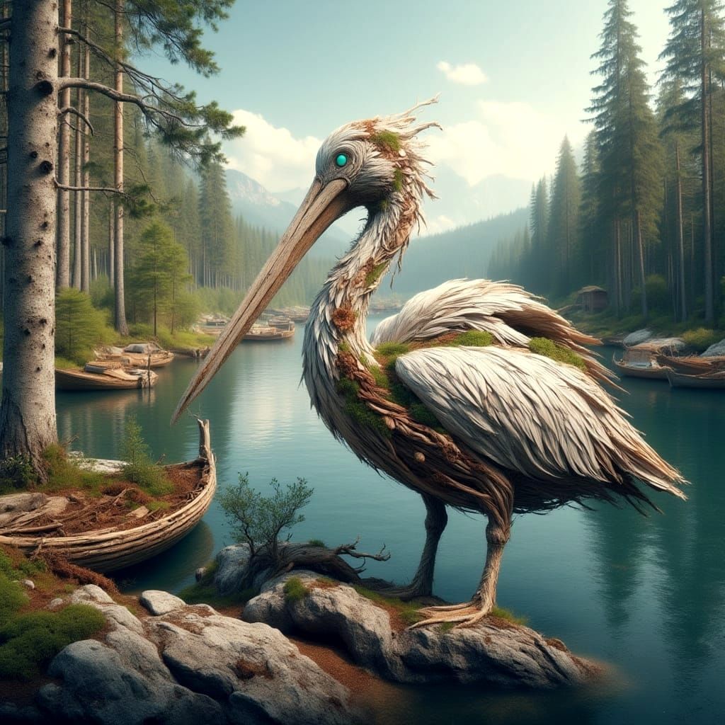 Pelican in Whimsical Coastal Scene