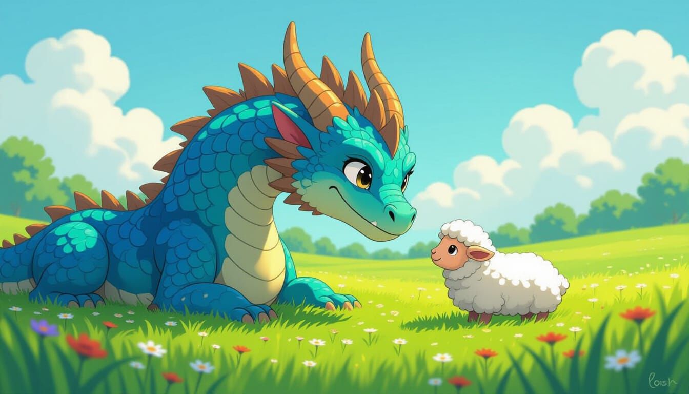 Dragon and Sheep Embrace in Vibrant Cel-Shaded Meadow