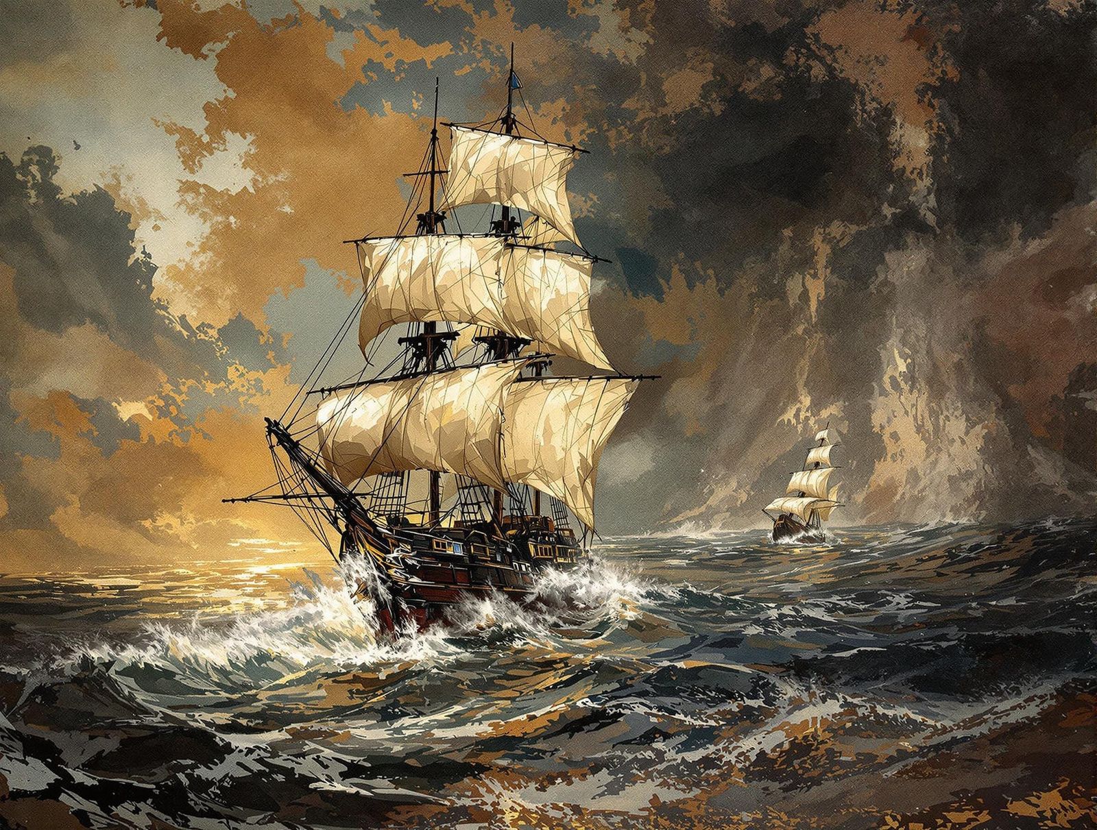 Charcoal Sailing Ship with Impasto Texture