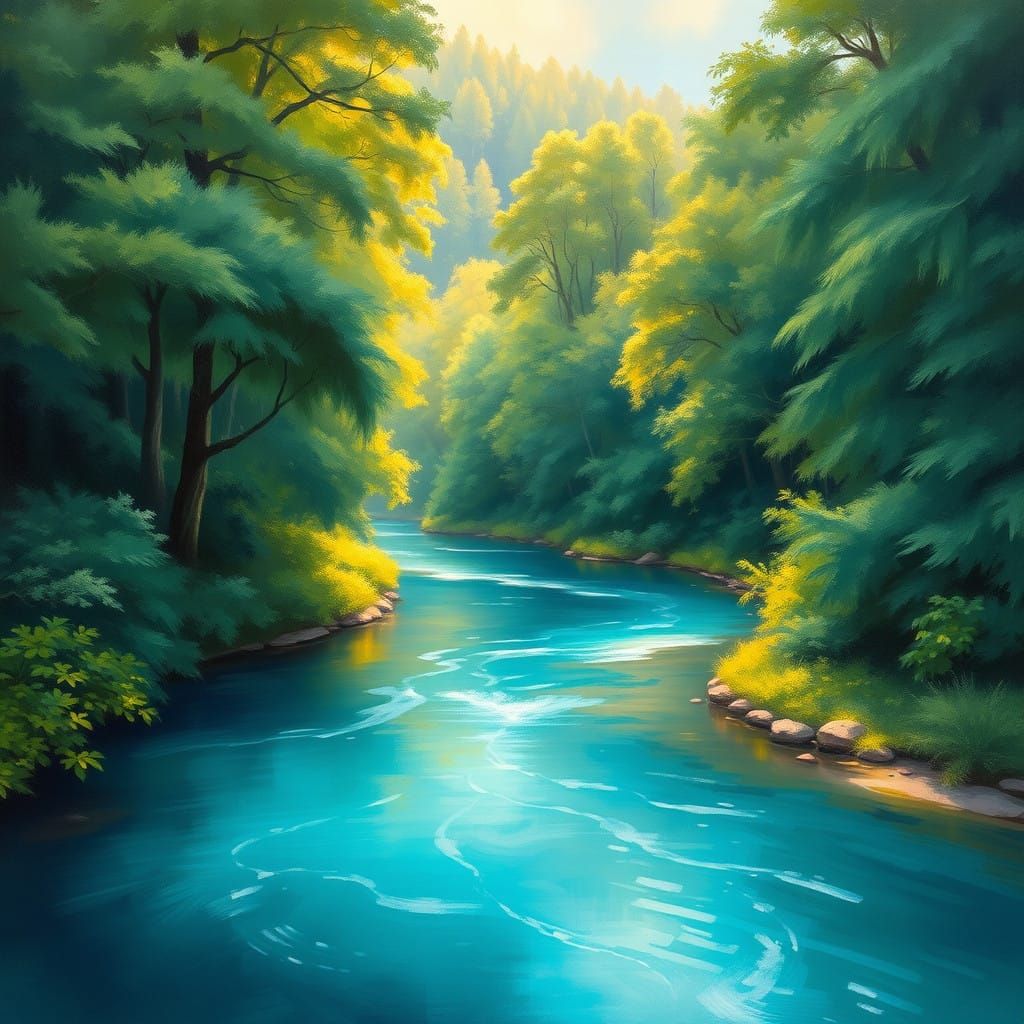 Surreal River Landscape in Impressionist Style with Turquois...
