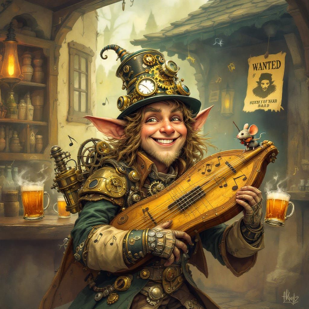 Steampunk Bard's Whimsical Performance in a Lively Tavern