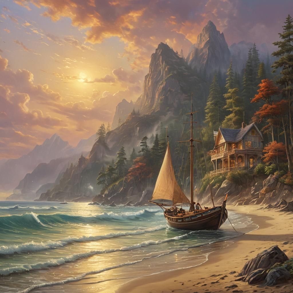 Ethereal Fantasy Beach Scene in Oil Painting Style