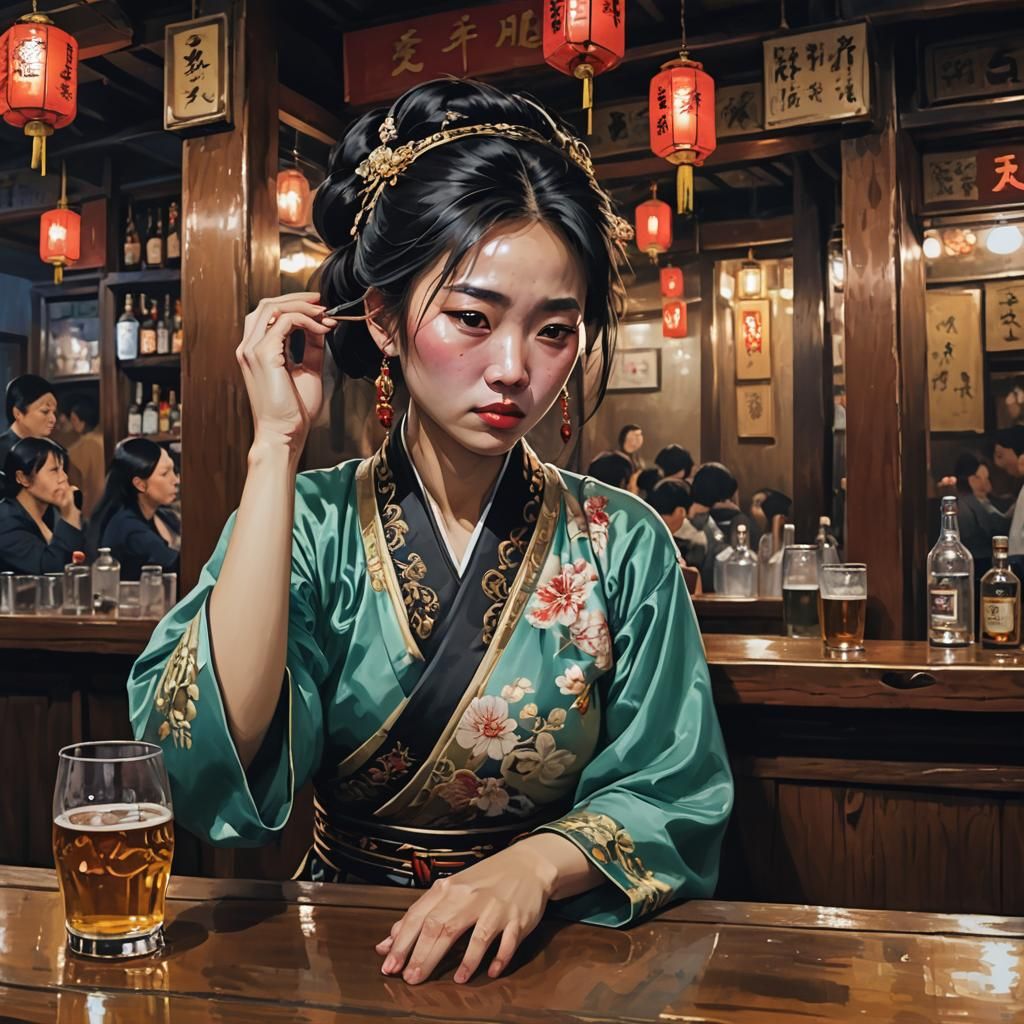 Sad Chinese Girl Drunk at Bar